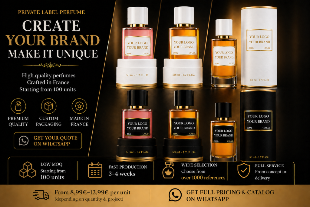 Private label perfume luxury packaging — premium custom branded box and bottle, made in France