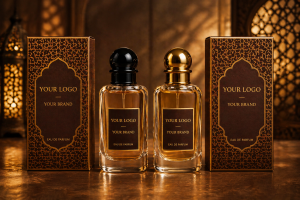 Arabic oriental oud private label perfume in amber bottle with ornate packaging
