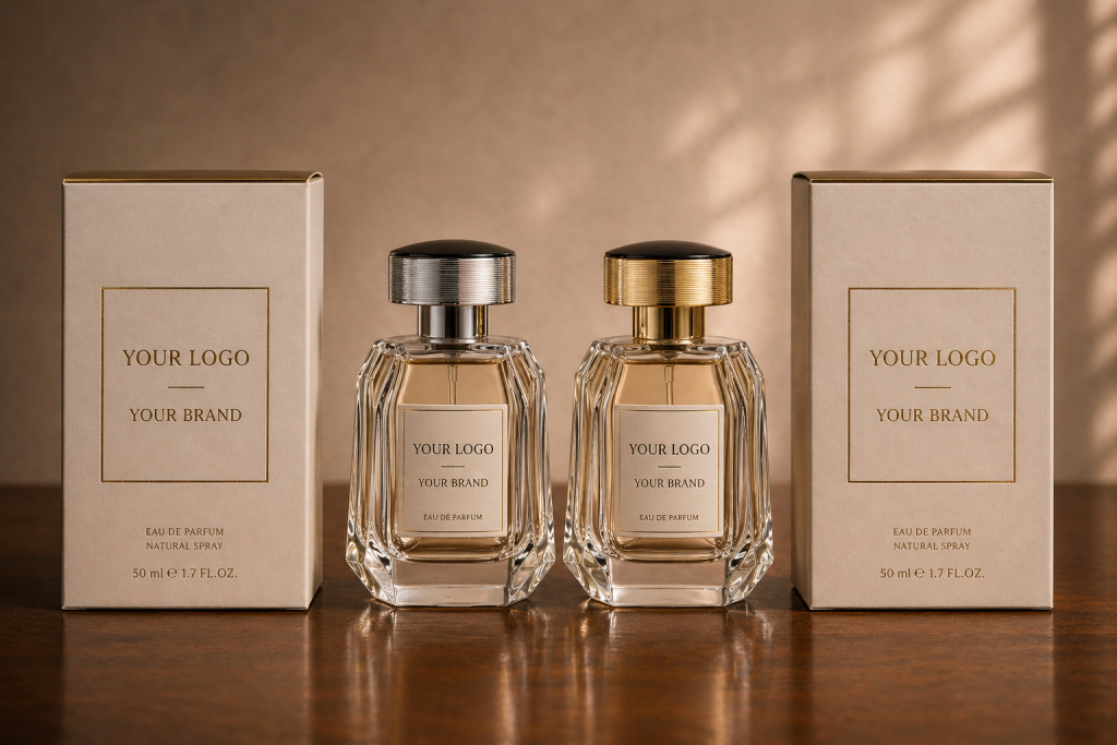 Classic beige cream private label perfume bottle with elegant minimal design