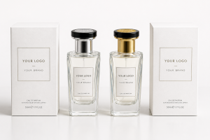 Private label perfume bottle in classic white and silver design with custom logo packaging