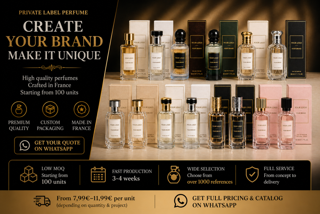 Private label perfume — Create your brand, make it unique. Premium quality, custom packaging, made in France. Low MOQ 100 units, prices from €7.99 per unit