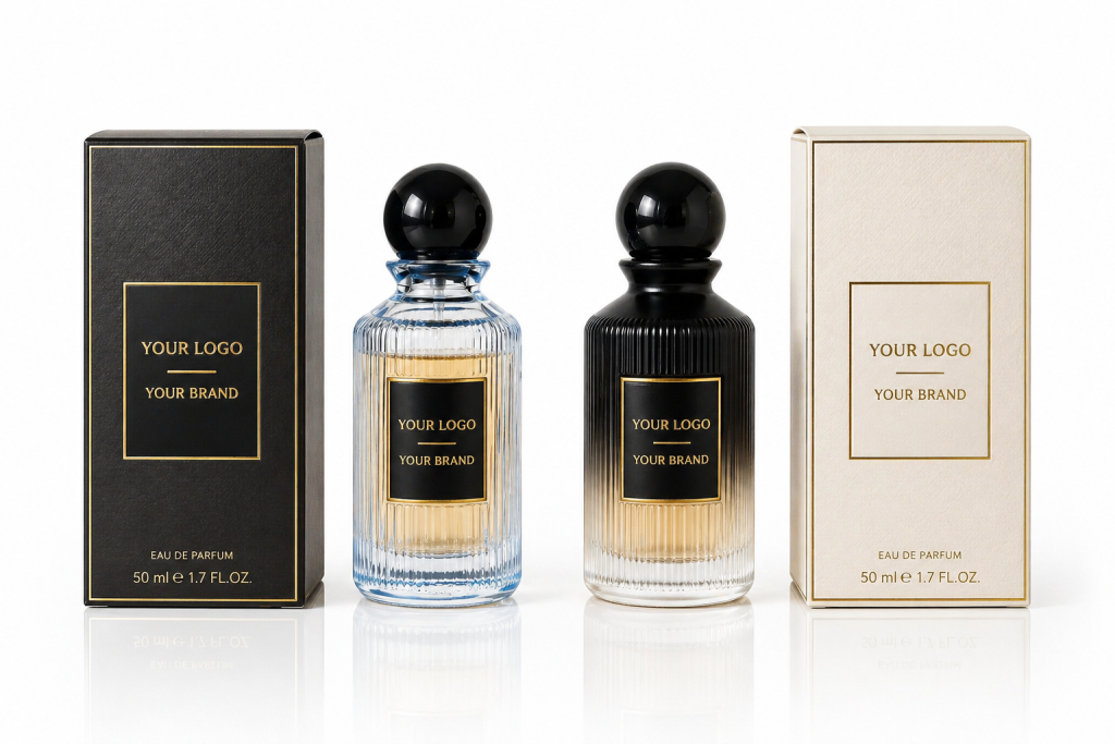 Private label perfume duo with blue and black bottles and gold caps — couple's collection
