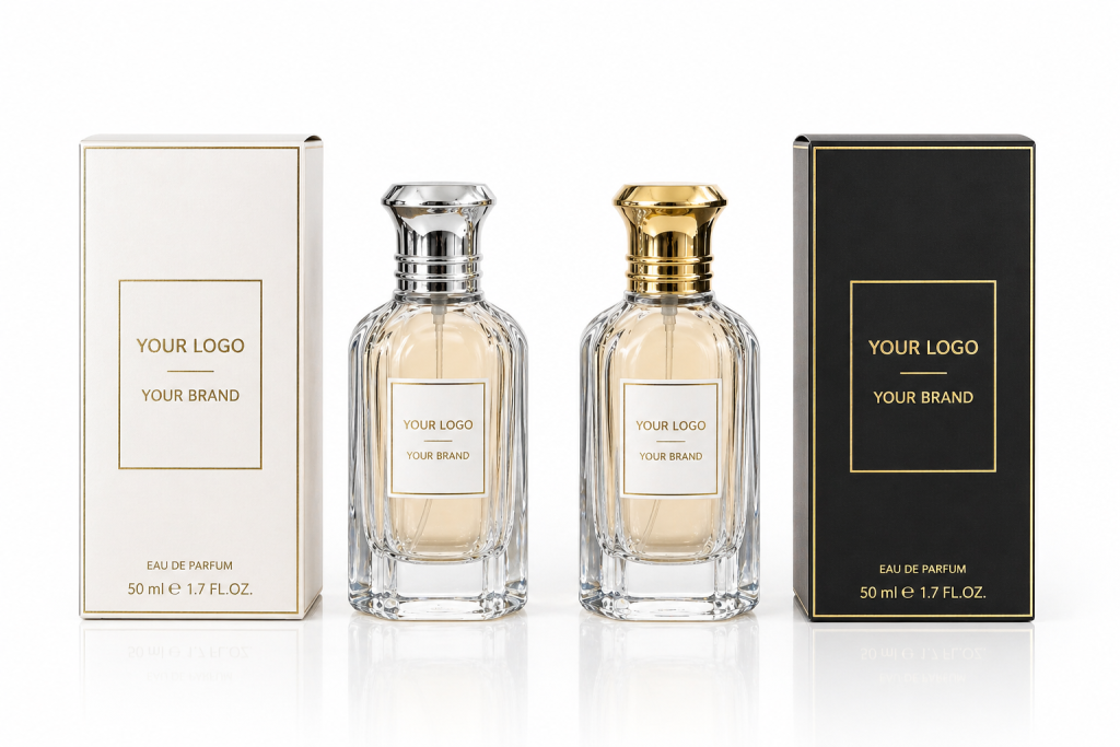 Elegant private label perfume duo with silver and gold caps — his and hers collection