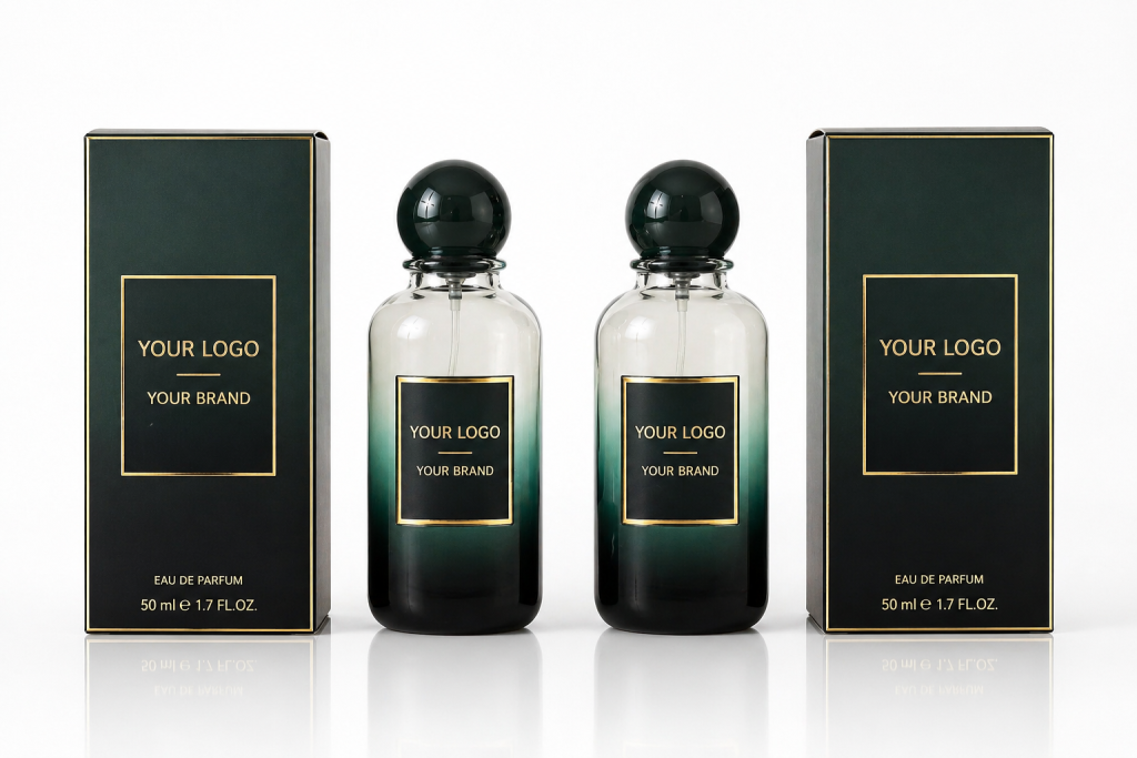 Emerald green luxury private label perfume bottle — premium custom branding