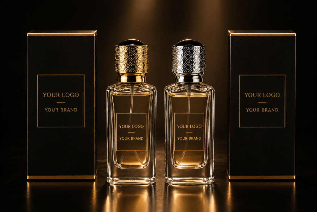 Luxury private label perfume in black and gold packaging — premium custom branding