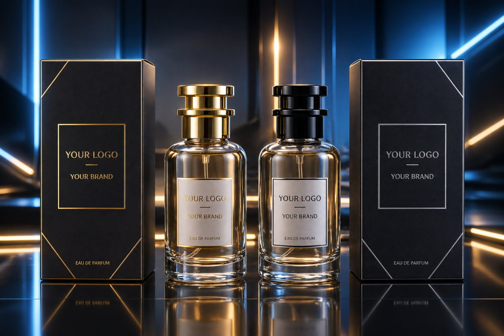 Modern blue luxury private label perfume bottle with custom logo design
