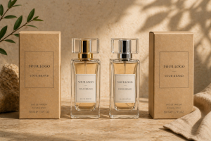 Natural eco-friendly private label perfume with kraft packaging and botanical leaves