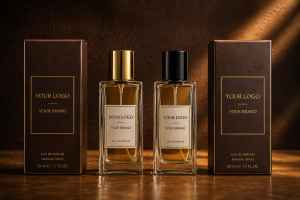 Premium private label perfume with brown leather packaging — masculine luxury fragrance